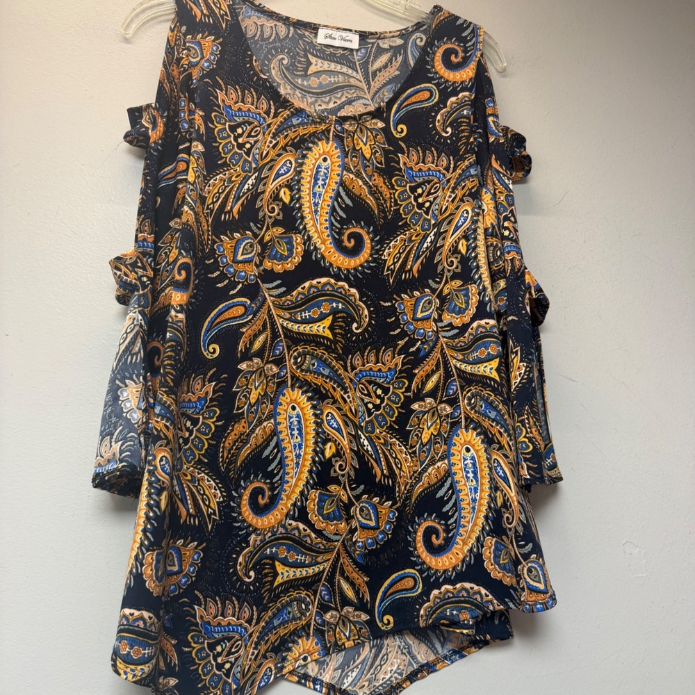 Star Vixen Cold Shoulder Top Womens XL Black Paisley Asymmetrical Cutout Blouse